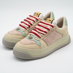 Size 38.5G 8.5 US Gucci Double Screener GG Monogram Beige Pink Sneakers